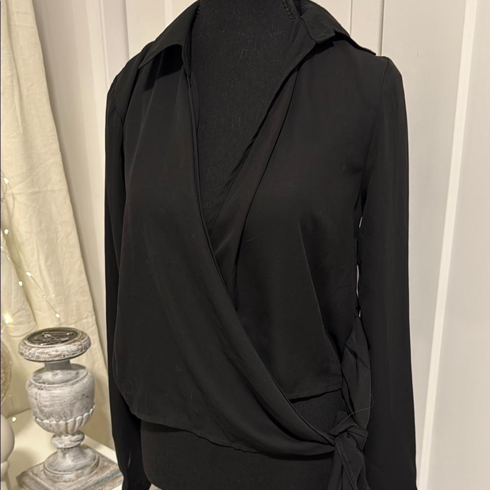 PrettyLittleThing Black Wrap Tie Front Blouse
